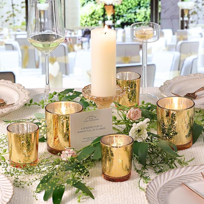 Volens 12pcs Assorted Gold Votive Candle Holders, Large Speckles Mercury Glass Votive & Tealight Candle Holder Bulk for Wedding Table Centerpiece, Gold Themed Party Decorations and Home Decor