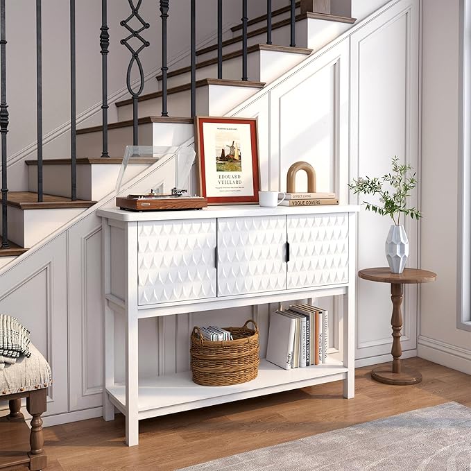Modern Console Table with 3 Diamond Pattern Doors, Wood Entryway Table with Storage, Behind The Couch Sofa Table for Hallway, Living Room, Foyer, Dining Room, White