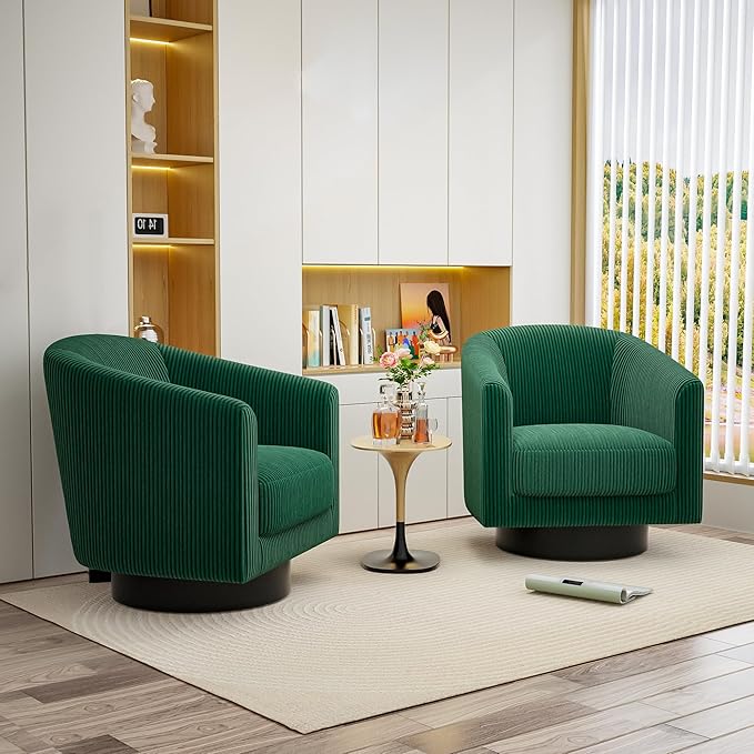 Swivel Accent Chairs Set of 2, 360° Bucket Chair, Modern Upholstered Barrel Armchair, Comfy Corduroy Single Sofa for Living Room Bedroom, Green