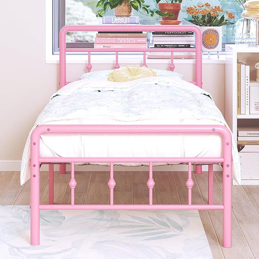 Classic Metal Platform Pink Twin Bed Frames with Headboard and Footboard, 16 Inch No Box Spring Needed Heavy Duty Victorian Style Iron-Art Mattress Foundation/Under Bed Storage