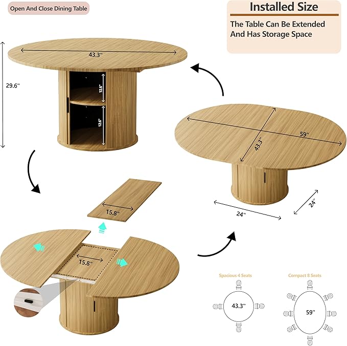 Extendable Round/Oval Dining Table Seats 2-4-6, 59" Modern Farmhouse Design with 2-Tier Storage & Fluted Slide Door, Dining Room Kitchen Furniture (Oak, 59 inches)