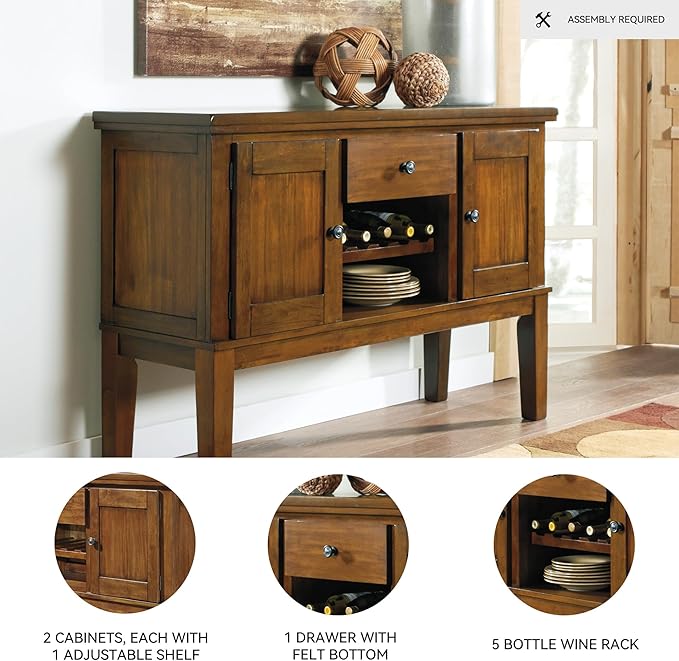 Signature Design by Ashley Ralene Vintage Casual Dining Room Buffet Cabinet with Wine Rack, Storage Cubby, 2 Cabinets, Drawer, Wood, 56" Wide, Medium Brown