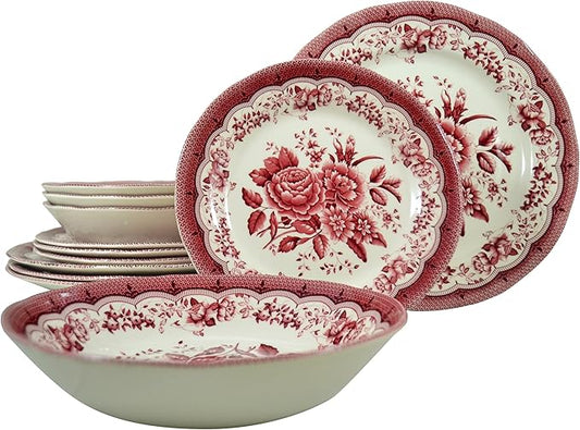 Tudor Royal 12-Piece Round Porcelain Dinnerware Set, Service for 4 - Victoria RED Design, Red Floral, Plates Bowls Dishes, Premium Quality Tableware, Unique Pattern, Glossy