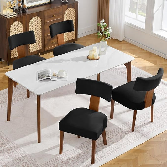 FOXHUNTER Upholstered Dining Chairs Set of 4, Modern Wooden Armless Kitchen Chairs with Curved Backrest, Mid-Century Farmhouse Dining Side Chairs, Linen Black