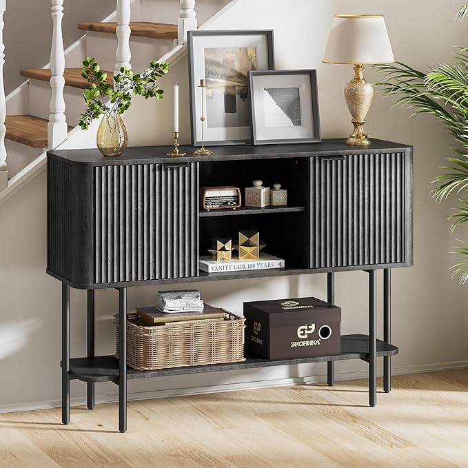 Fluted Console Table with Storage, 47" Long Entryway Table with with 2 Door Cabinets and Open Storage Shelf, Wood Sofa Table Behind Couch for Hallway Entrance Foyer Living Room, Black Grey