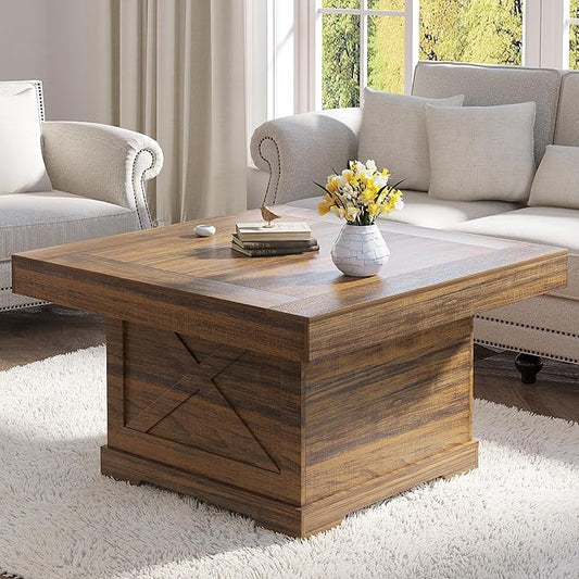 Coffee Table 31.5 in Rustic Center Table with X Design Wooden Pedestal for Living Room, Small Square Home Office Tea Accent Table for Dining Room Apartment, Walnut