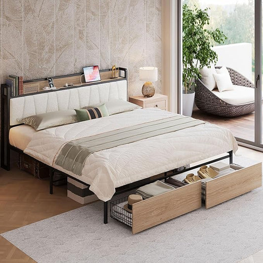 LIKIMIO California King Size Bed Frame, Storage Headboard with Charging Station, Platform Bed with Drawers, No Box Spring Needed, Easy Assembly, Wood and Cream