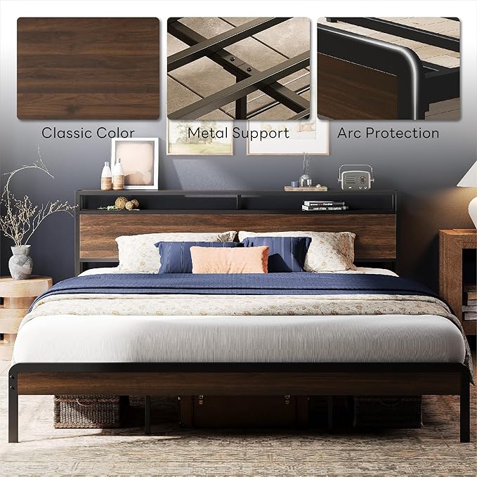 LIKIMIO California King Bed Frame with Headboard, Dark Wood Camas California King with Strong Supports, Sturdy, Noise-Free, No Box Spring Needed, Dark Walnut