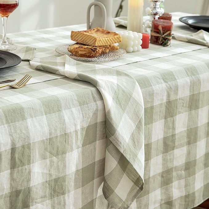 EVERLY 100% Yarn-Dyed Linen Rectangle Tablecloths 60x108Inches for Dining,Buffet Parties,Picnic,Events and Restaurants,Decorative Halloween,Thanksgiving Machine Washable Tablecloths-Sage Green Plaid
