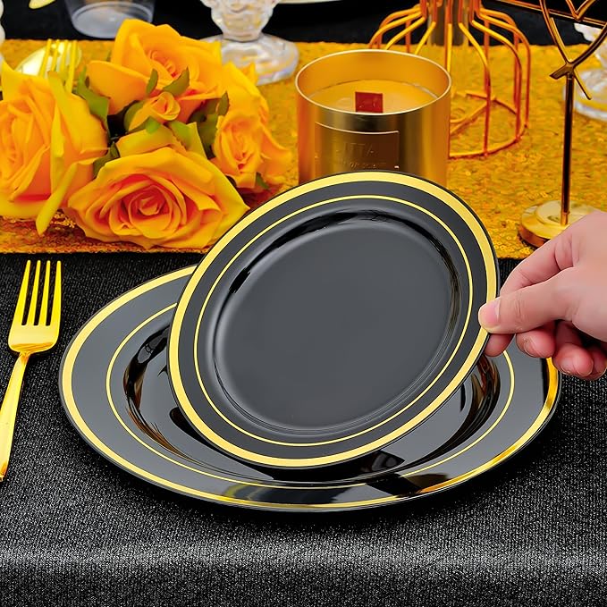 350 PCS Black and Gold Dinnerware Set for 50 Guests, Black Christmas Disposable Plates with Gold Rim for Party -50 Dinner Plates, Dessert Plates, Silverware Set,Napkins and Cups