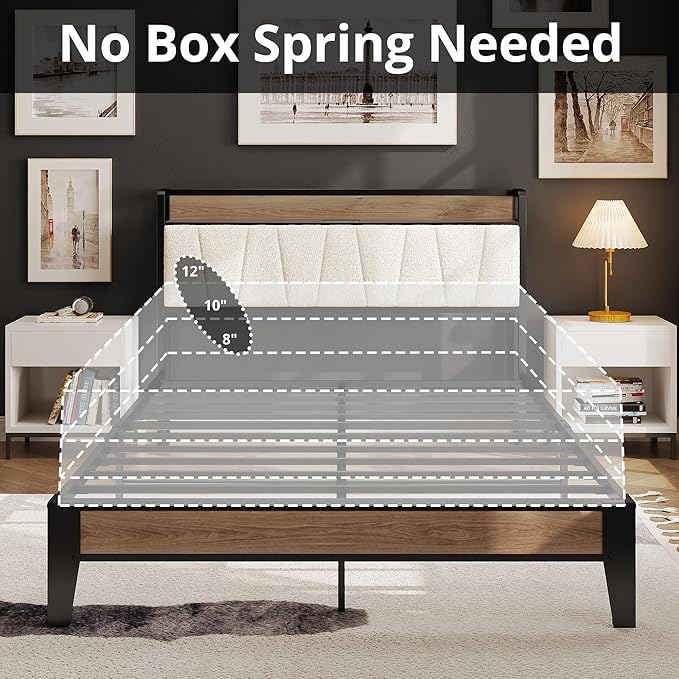 LIKIMIO Full XL Bed Frames, Storage Headboard with Charging Station, Solid and Stable, Noise Free, No Box Spring Needed, Easy Assembly, Wood and Cream