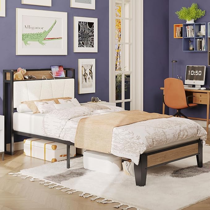 LIKIMIO Twin Bed Frames, Storage Headboard with Charging Station, Solid and Stable, Noise Free, No Box Spring Needed, Easy Assembly, Wood and Cream