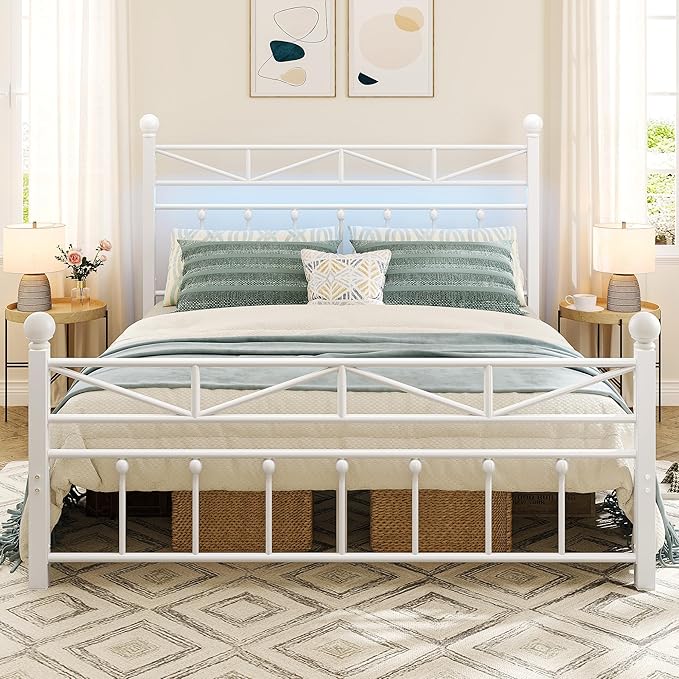 EnHomee Queen Size Metal Platform Bed Frame, 54" Tall Headboard and LED Lights, Victorian Vintage Headboard and Footboard, Under Bed Storage, Heavy Duty Metal Slats & Noise Free, White