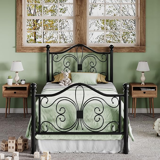 Allewie Twin Size Bed Frame for Kids,Metal Bed Frame with Butterfly Pattern Design Headboard and Footboard,No Box Spring Needed,Easy Assembly,Black