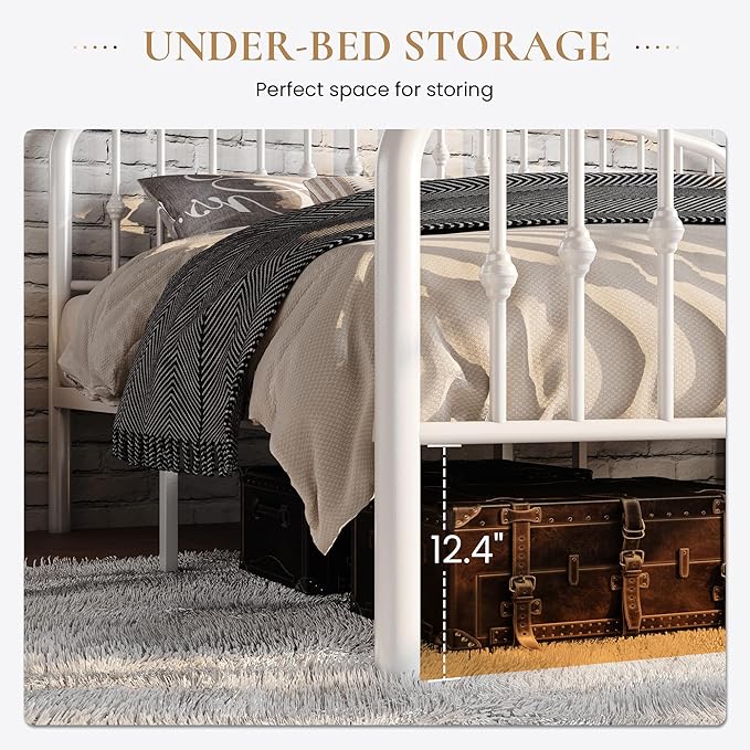 SHA CERLIN Full Size Metal Platform Bed Frame with Victorian Style Wrought Iron-Art Headboard/Footboard, No Box Spring Required, White