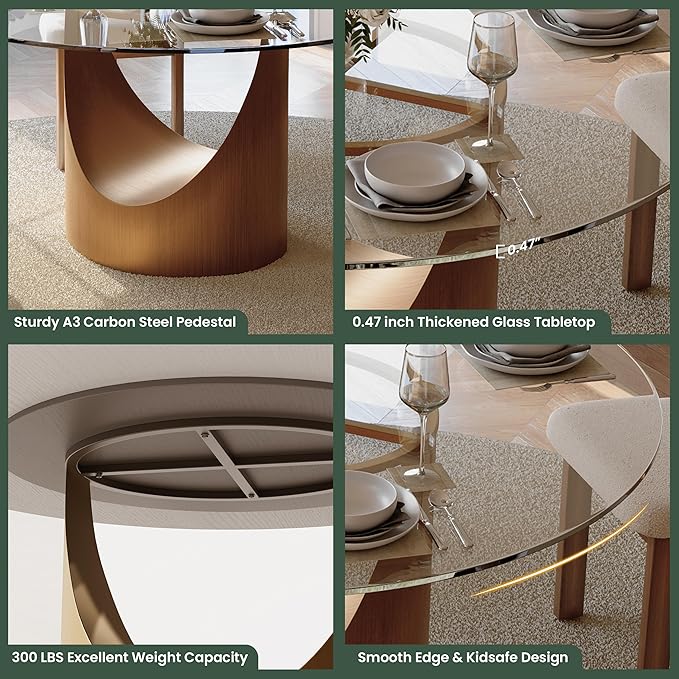 POVISON Round Dining Table for 6, 59" Glass Tabletop Dining Table with Bronze Carbon Steel Pedestal, Modern Dining Room Table for Kitchen, Living Room (Table Only)