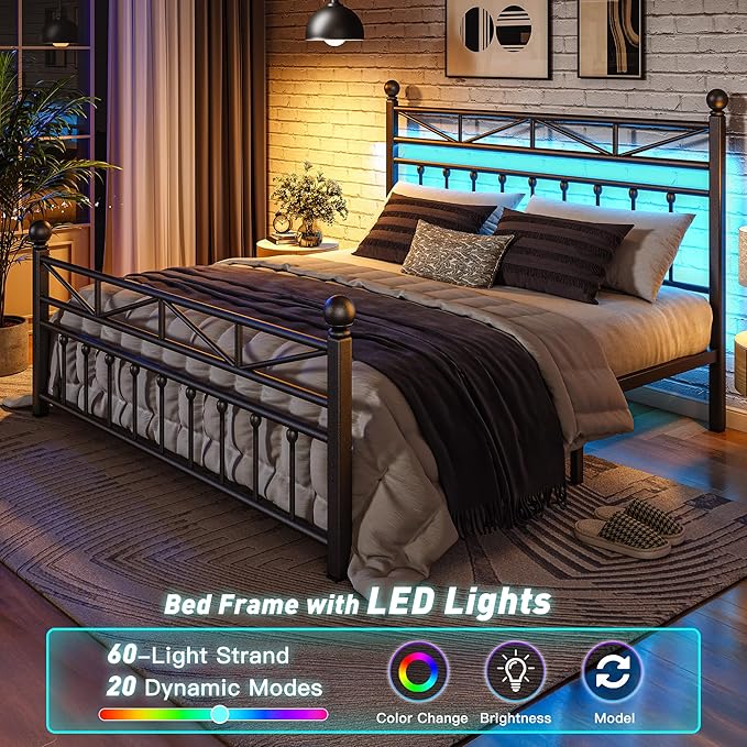 EnHomee Queen Size Metal Platform Bed Frame, 54" Tall Headboard and LED Lights, Victorian Vintage Headboard and Footboard, Under Bed Storage, Heavy Duty Metal Slats & Noise Free, Black