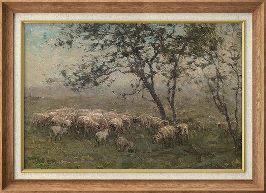 SIGNFORD Premium Framed Wall Art Sheep Grazing Rustic Farmland Nature Wilderness Illustrations Fine Art Farmhouse/Country Decorative Rustic Vintage Antique Classic for Bedroom - 26"x36" Natural