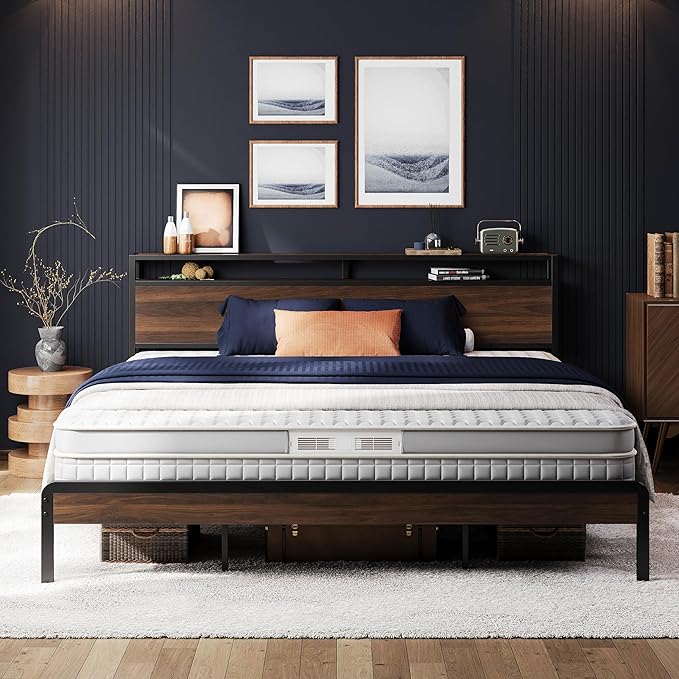 LIKIMIO King Bed Frame with Headboard, Dark Wood Camas King with Strong Supports, Sturdy, Noise-Free, No Box Spring Needed, Dark Walnut