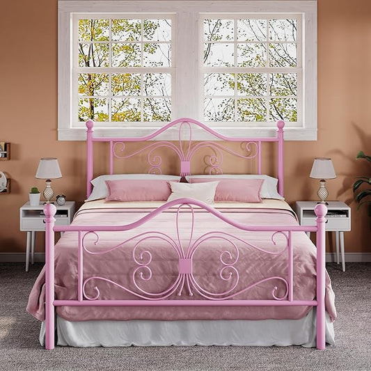 Allewie Full Size Bed Frame with Headboard,Metal Bed Frame with Butterfly Pattern Design Headboard & Footboard,No Box Spring Needed,Easy Assembly,Pink
