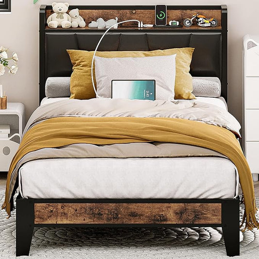 LIKIMIO Twin Bed Frame, Storage Headboard with Charging Station, Solid and Stable, Noise Free, No Box Spring Needed, Easy Assembly (Vintage and Black)