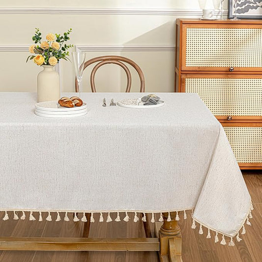 MYSKY HOME Table Cloth 60x84 in Rectangle Table, Heavy Duty Cotton Tassel Linen Look Waterproof Tablecloths Farmhouse Tablecloth, Wrinkle Free Table Cover with Beige Tassels for Kitchen Dining, Party