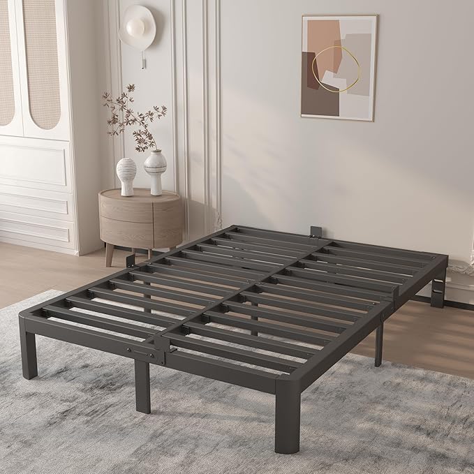10 Inch Full Bed Frames, Platform Bed with Metal Gaskets, No Box Spring Needed, Anti-Slip Mattress Stopper, Heavy Duty Steel Slat Support, Round Corner Leg, Easy Assembly, Black
