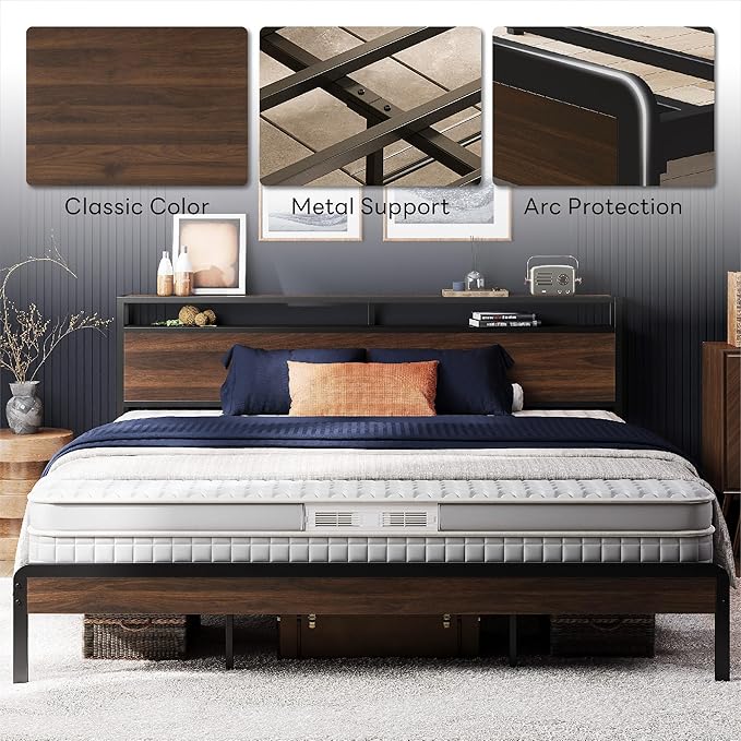 LIKIMIO King Bed Frame with Headboard, Dark Wood Camas King with Strong Supports, Sturdy, Noise-Free, No Box Spring Needed, Dark Walnut