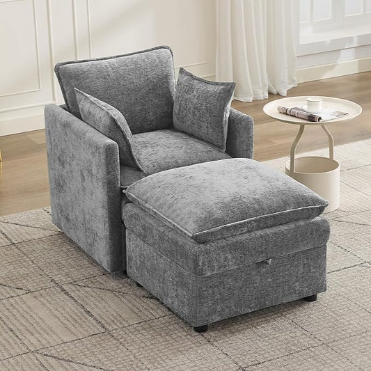 30" Cloud Modular Single Sofa Chair with Storage Ottoman, Modern Upholstered Accent Chair with Storage, Chenille Reading Lounge Armchair for Living Room, Bedroom, Small Space, Light Grey