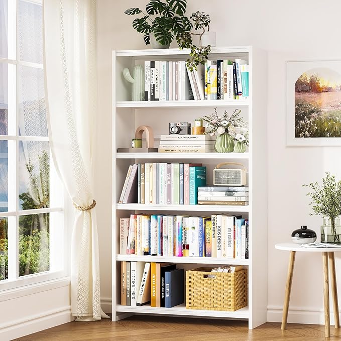 5 Tiers Metal White Bookshelf - 69.3" Tall Bookcase, Display Storage Shelves with Bookend, Heavy Duty Steel Bookshelves for Living Room, Bedroom, Study