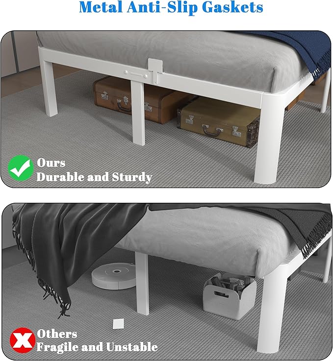 14 Inch King Size Bed Frame, White King Bed Frame with Metal Baffles, No Box Spring Needed, Heavy Duty Steel Platform Support, Round Corner Legs, Reserved Holes, Noiseless, Storage Space