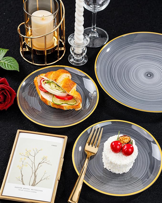 Morejoy 60Pcs Clear Plastic Plates,Clear Disposable Plates With Gold Rim,Heavy-duty Gold Plate, Modern swirl design Plate Include 30Clear Dessert-Platos,30Dinner-Platos for Party&Christmas