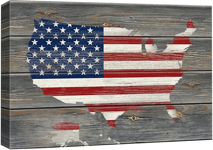 wall26 Canvas Print Wall Art American Flag Over United States Map on Wood Panel Architecture & Maps Cultural Illustrations Modern Art Traditional Multicolor for Living Room, Bedroom, Office - 12"x18"