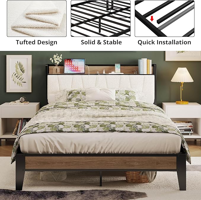 LIKIMIO Full Bed Frames, Storage Headboard with Charging Station, Solid and Stable, Noise Free, No Box Spring Needed, Easy Assembly, Wood and Cream