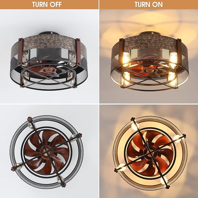 SHIHOT 19“Caged Ceiling Fan with Lights and Remote, Small Farmhouse Low Profile Ceiling Fan Light, Black Bladeless Ceiling Fans for Bedroom Kitchen,Reversible