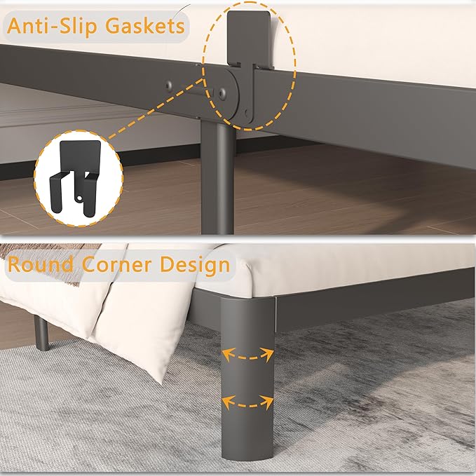 10 Inch Bed Frame King Size with Metal Gaskets, Anti-Slip Mattress Stopper, No Box Spring Needed, Heavy Duty Steel Support 3500 LBS, DIY Headboard, Round Corner Leg, Easy Assembly, Black