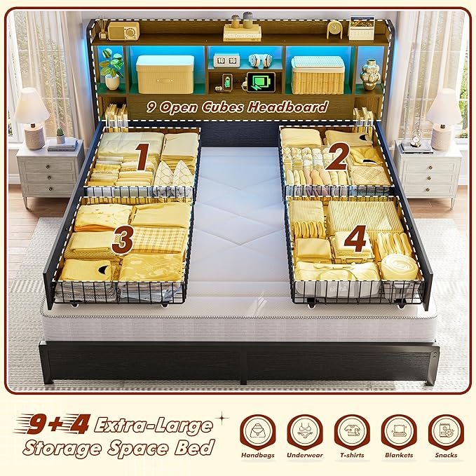 King Size Bed Frame with Storage Headboard & 4 Large Drawers King Bed Frame with 51" Tall Headboard 9 Compartments Led Lights & Charging Station,No Box Spring Needed, No Noise,Black