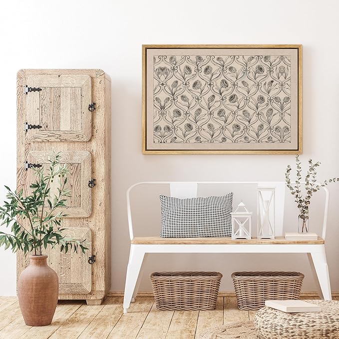 SIGNFORD Framed Canvas Print Wall Art Set Antique Botanical Motif Drawing Elegant Repeating Floral Illustrations Modern Art Country Landscape for Living Room, Bedroom, Office - 16"x24" Natural