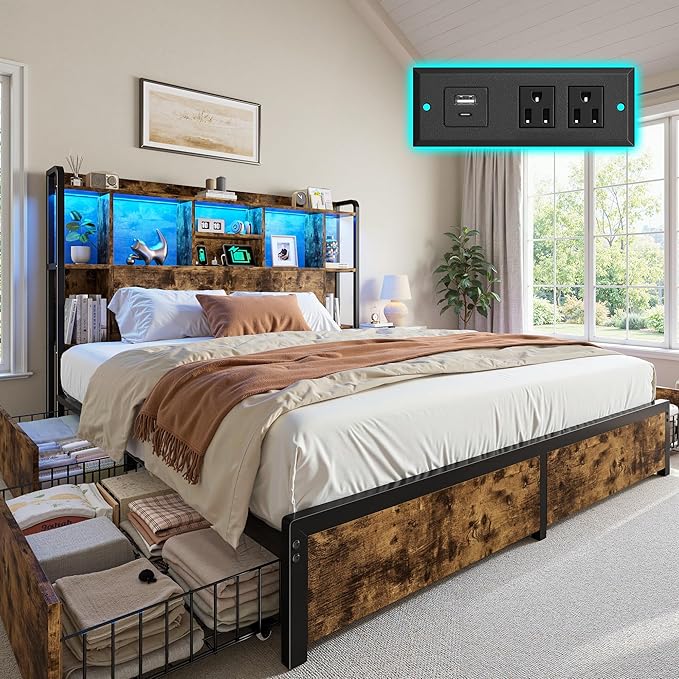 Full Size Bed Frame with Storage Headboard & 4 Large Drawers Bed Frame Full Size with 51" Tall Headboard 9 Compartments Led Lights & Charging Station,No Box Spring Needed, No Noise,Vintage Brown