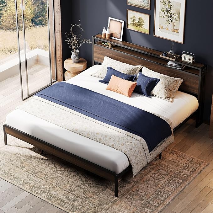 LIKIMIO California King Bed Frame with Headboard, Dark Wood Camas California King with Strong Supports, Sturdy, Noise-Free, No Box Spring Needed, Dark Walnut