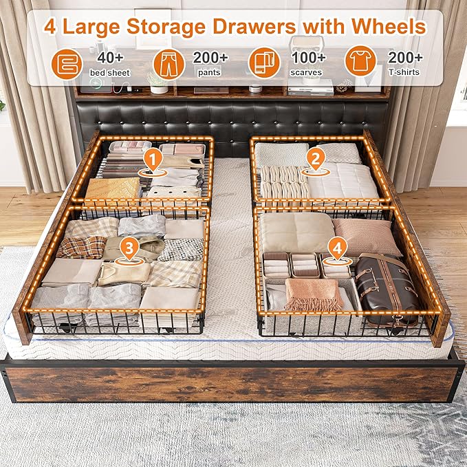 EnHomee Queen Bed Frame with 4 Storage Drawers, Bed Frame Queen Size with Upholstered Headboard and Built in Charging Station, No Noise, Metal Support, No Box Spring Needed,Vintage Brown