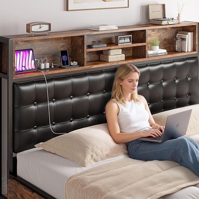 EnHomee Queen Bed Frame with 4 Storage Drawers, Bed Frame Queen Size with Upholstered Headboard and Built in Charging Station, No Noise, Metal Support, No Box Spring Needed,Vintage Brown