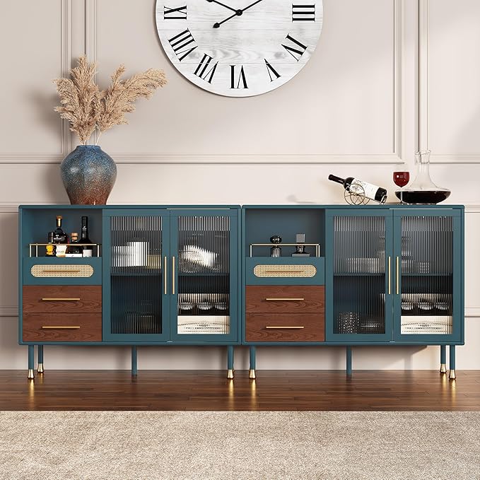 ARTPOWER 48" Coffee Bar Cabinet with Wine Racks and Drawers, Modern Buffet Sideboard with Pull-Out Wine Storage, Liquor Bar Cart for Kitchen, Dining Room, Living Room (Blue)