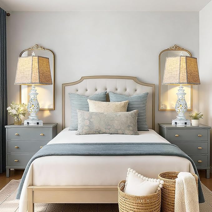 PARTPHONER 29" Table Lamps Set of 2, Bedside Lamps with USB A+C Ports & Night Light, Farmhouse Nightstand Lamps with Linen Fabric Shades for Bedroom Living Room, Washed Blue (LED Bulbs Included)