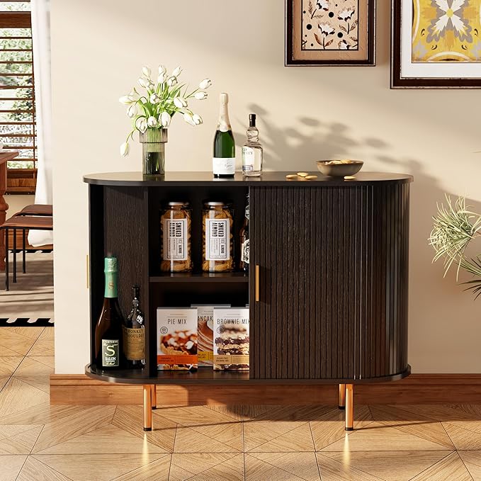 DHH Sideboard Buffet Cabinet with Storage Fluted with Tambour Sliding Doors& Adjustable Shelf, Accent Coffee Bar Console Table for Kitchen, Living Room, Entryway (Black, 40 inch)