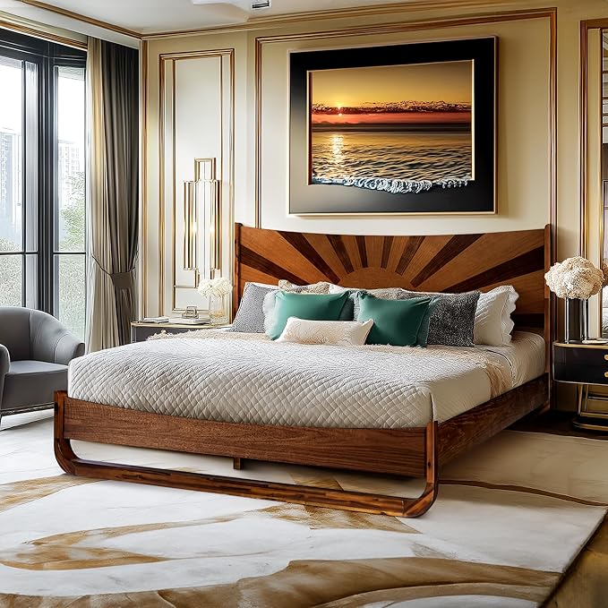 Sunset Deluxe Solid Acacia Wood King Size Platform Bed Frame with Tall Headboard, Mid-Century & Art Deco Design, No Box Spring Needed, Strong Wood Slat Support, Easy Assembly, Walnut