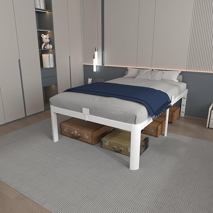 16 Inch Twin Bed Frames, White Twin Metal Bed Frame with Anti-Slip Baffles, No Box Spring Needed, Heavy Duty Steel Platform Supprt, Rounded Corner Legs, Noiseless, Reserved Holes, Storage Space