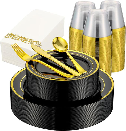 350 PCS Black and Gold Dinnerware Set for 50 Guests, Black Christmas Disposable Plates with Gold Rim for Party -50 Dinner Plates, Dessert Plates, Silverware Set,Napkins and Cups