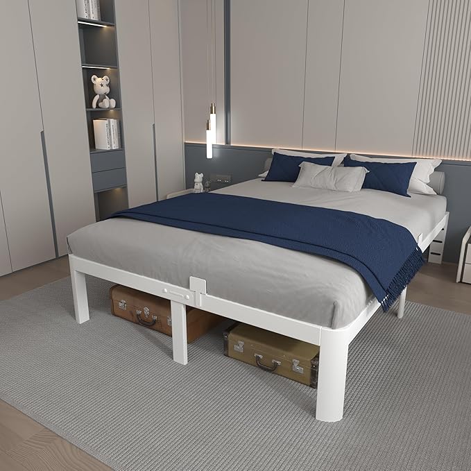 12 Inch Queen Bed Frame with Metal Gaskets, White Bed Frame Queen Size No Box Spring Need, Heavy Duty Steel Platform Support, Round Corner Design, Reserved Holes, Noiseless, Storgae Space