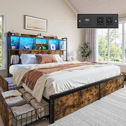 King Size Bed Frame with Storage Headboard & 4 Large Drawers King Bed Frame with 51" Tall Headboard 9 Compartments Led Lights & Charging Station,No Box Spring Needed, No Noise,Vintage Brown